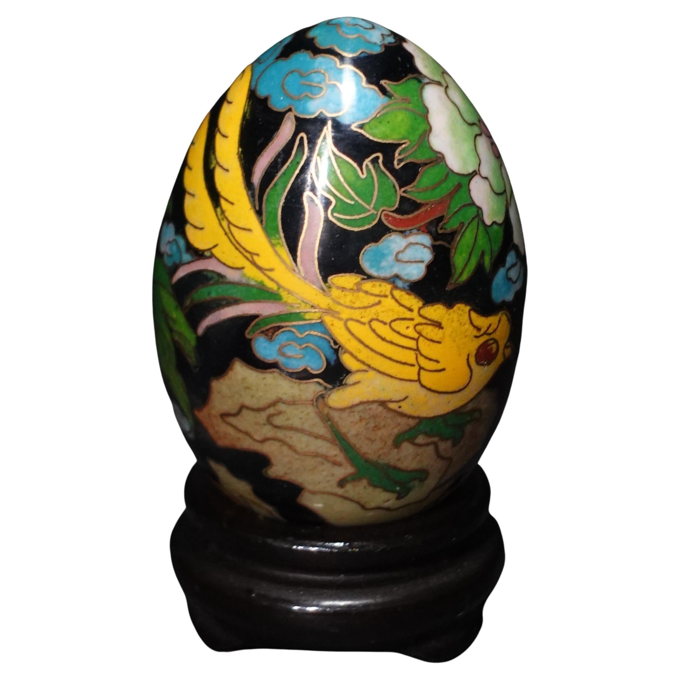 Chinese Cloisonné Enamel Egg "Flowers and Bird" with Wood Stand #7 For Sale