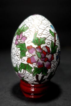 Chinese Cloisonné Enamel Egg "Flowers" with Wood Stand, Early 20th Century #2