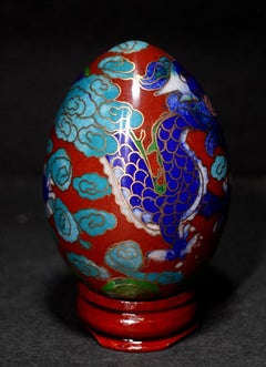 Chinese Cloisonné Enamel Egg "Flying Drago" with Wood Stand, Early 20th Century