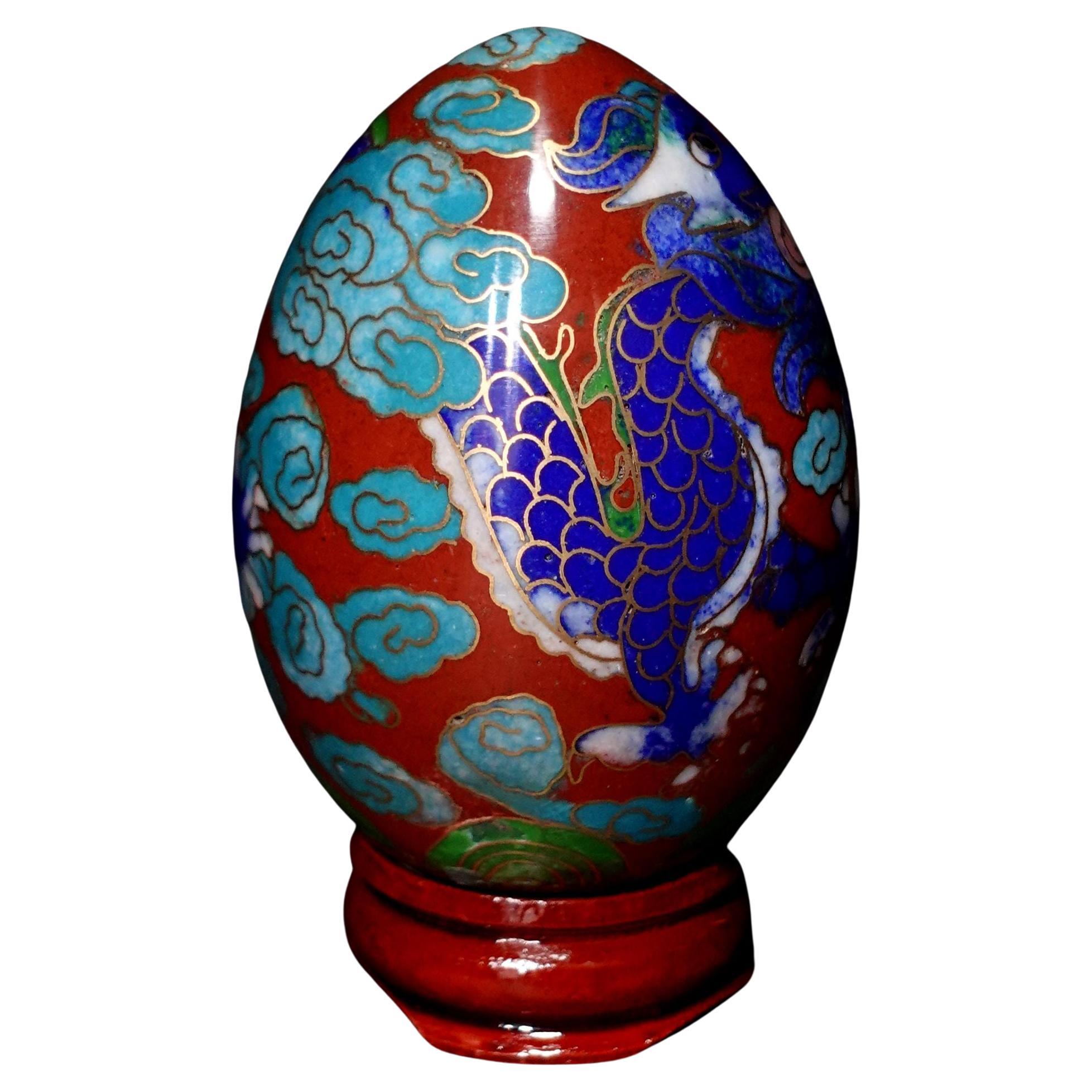 Chinese Cloisonné Enamel Egg "Flying Drago" with Wood Stand, Early 20th Century For Sale
