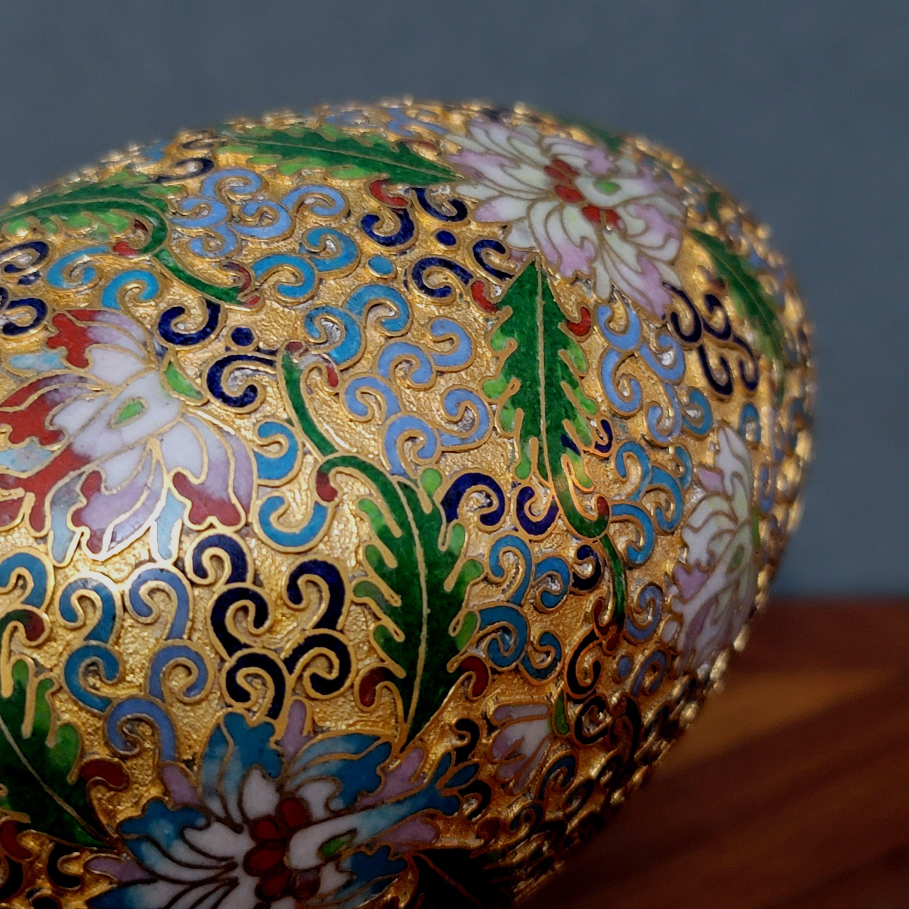 Chinese Cloisonné Enamel Egg with Wood Stand, Early 20 Century In Good Condition In Norton, MA