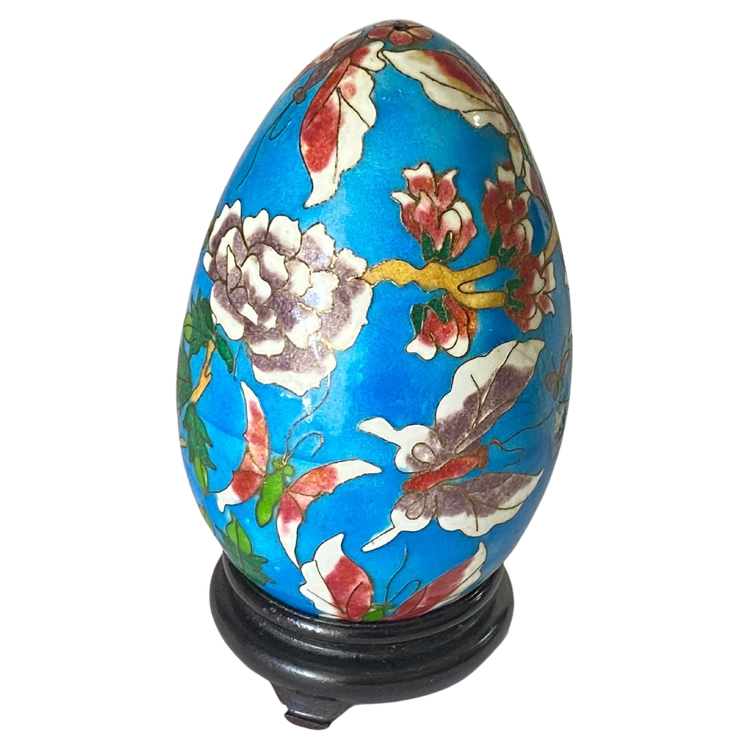 Chinese Cloisonné Enamel Egg with Wood Stand, Early 20 Century For Sale