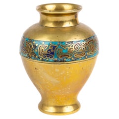 Chinese Cloisonne Enamel on Inlaid Turquoise Ground Brass Baluster Vase 19th C