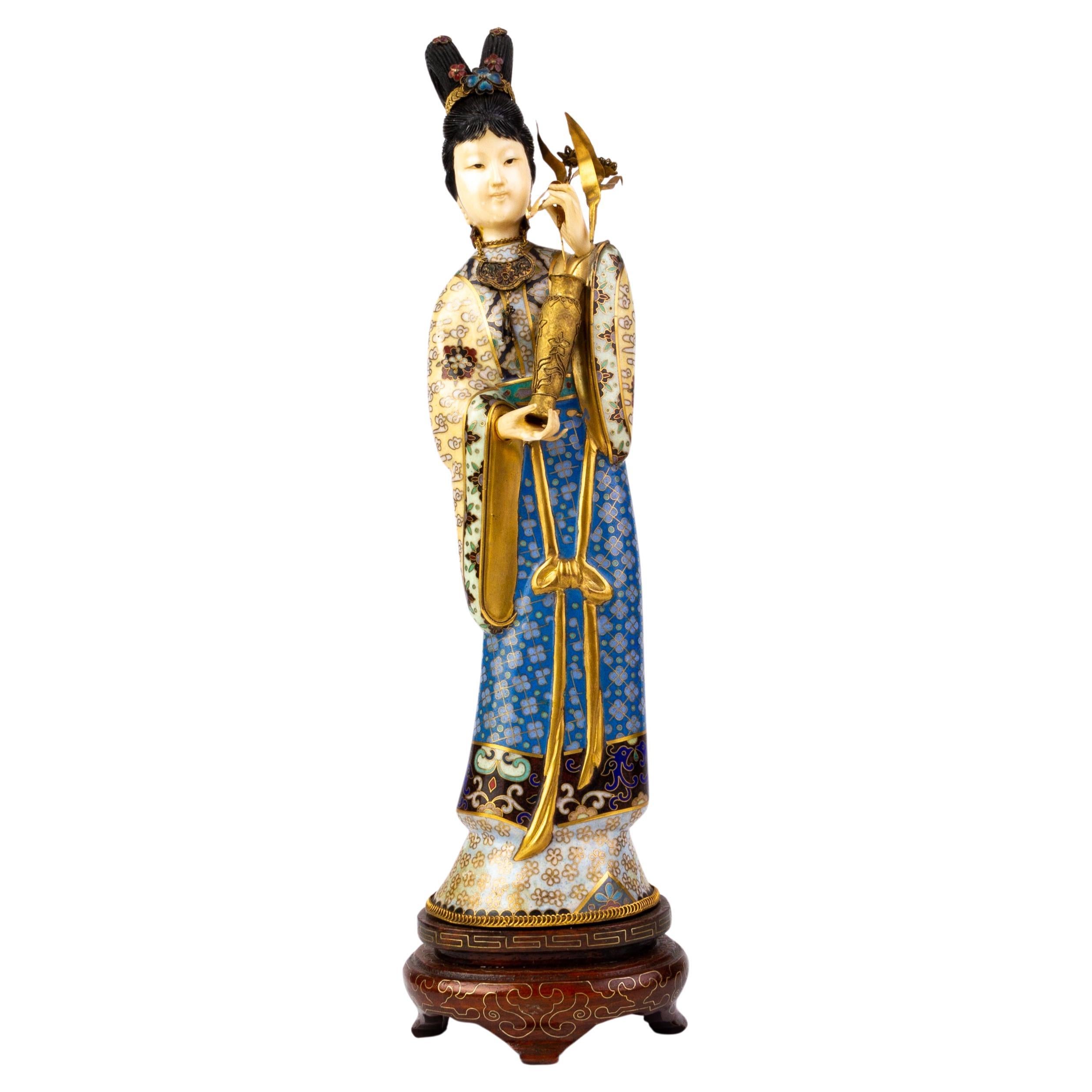 Chinese Cloisonne Enamel & Ormolu Guanyin Sculpture