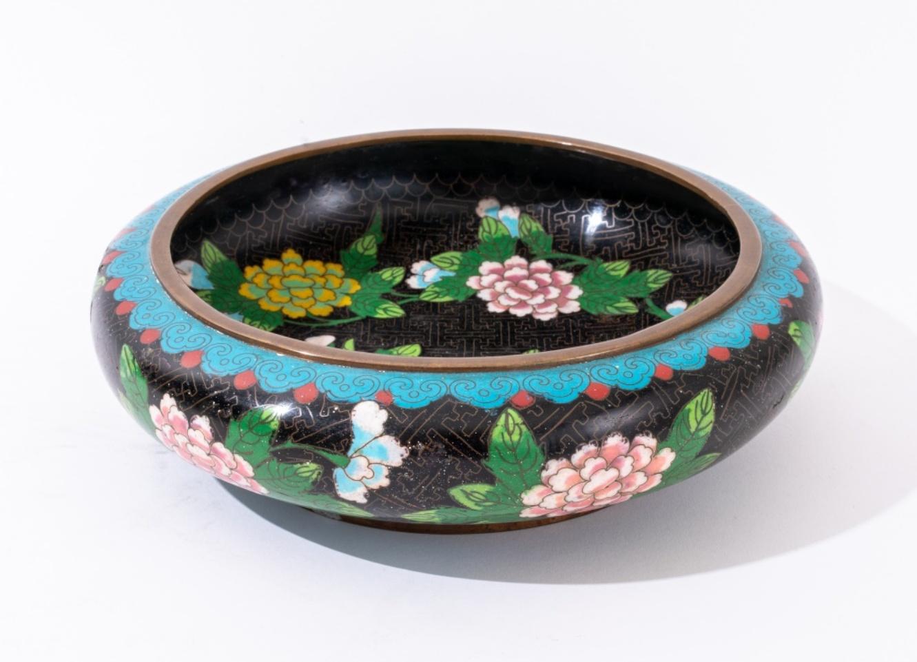 Group of three Chinese cloisonne enamel gilt metal ornaments comprising one vase with dragon motif and two center bowls, one with dragon pattern and the other with chrysanthemums, all in polychrome shaded enamels with black background. Largest: 3