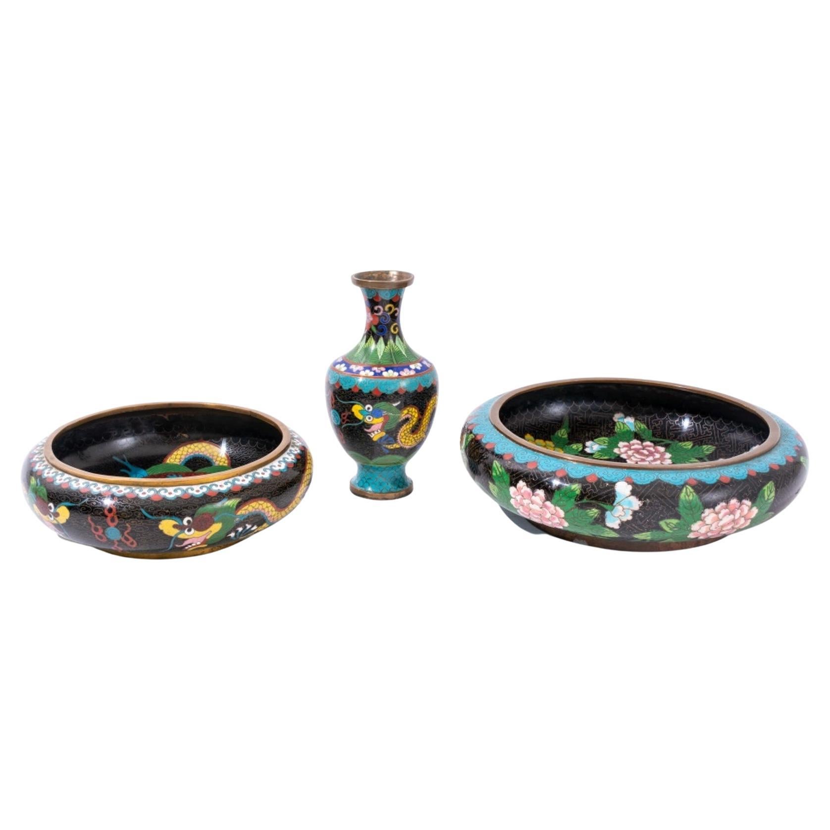 Chinese Cloisonne Enamel Vase & Center Bowls, Set of 3 For Sale