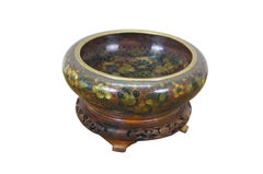 Chinese Cloisonne Enameled Brass Thousand Flowers Brush Bowl & Elm Stand