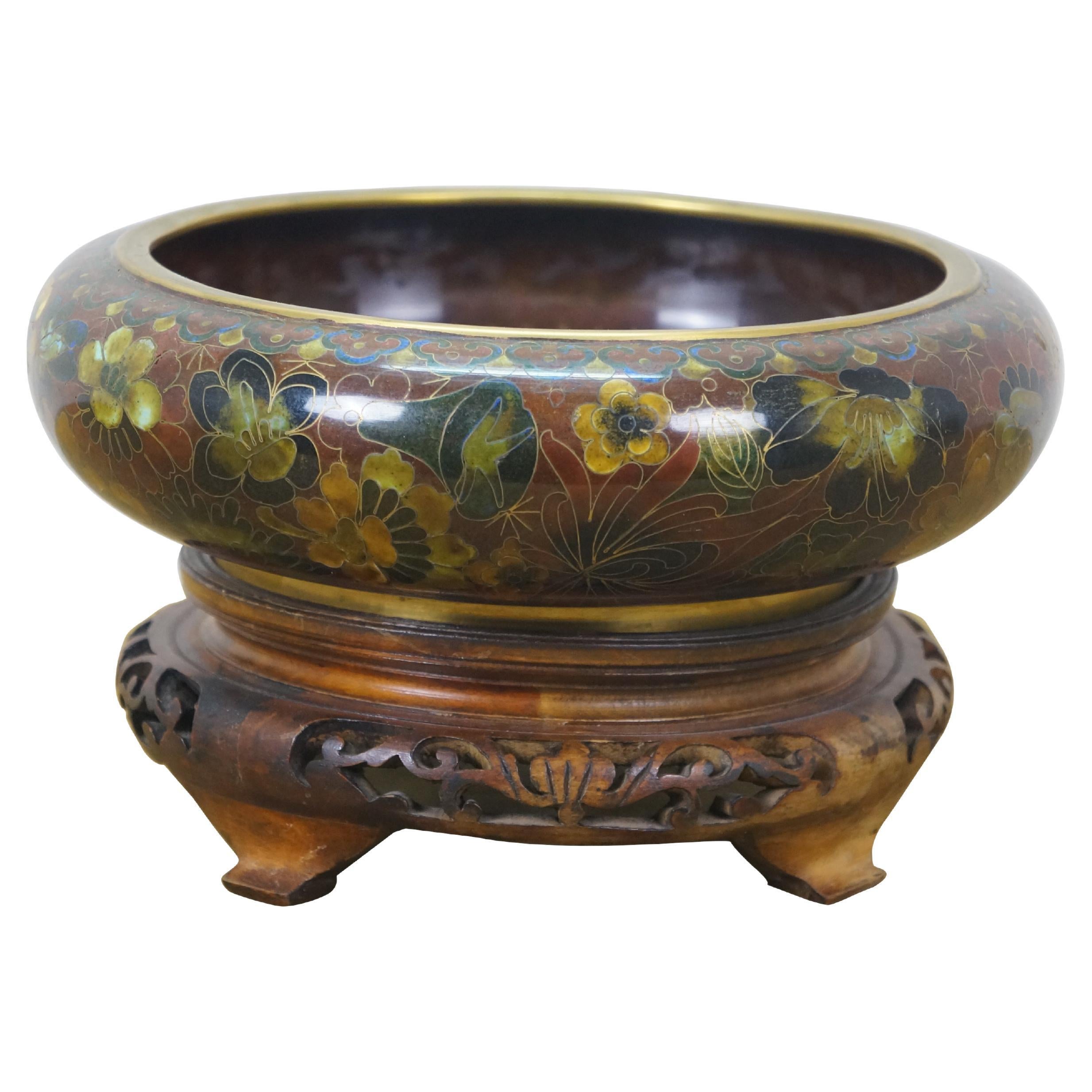 Chinese Cloisonne Enameled Brass Thousand Flowers Brush Bowl & Elm Stand