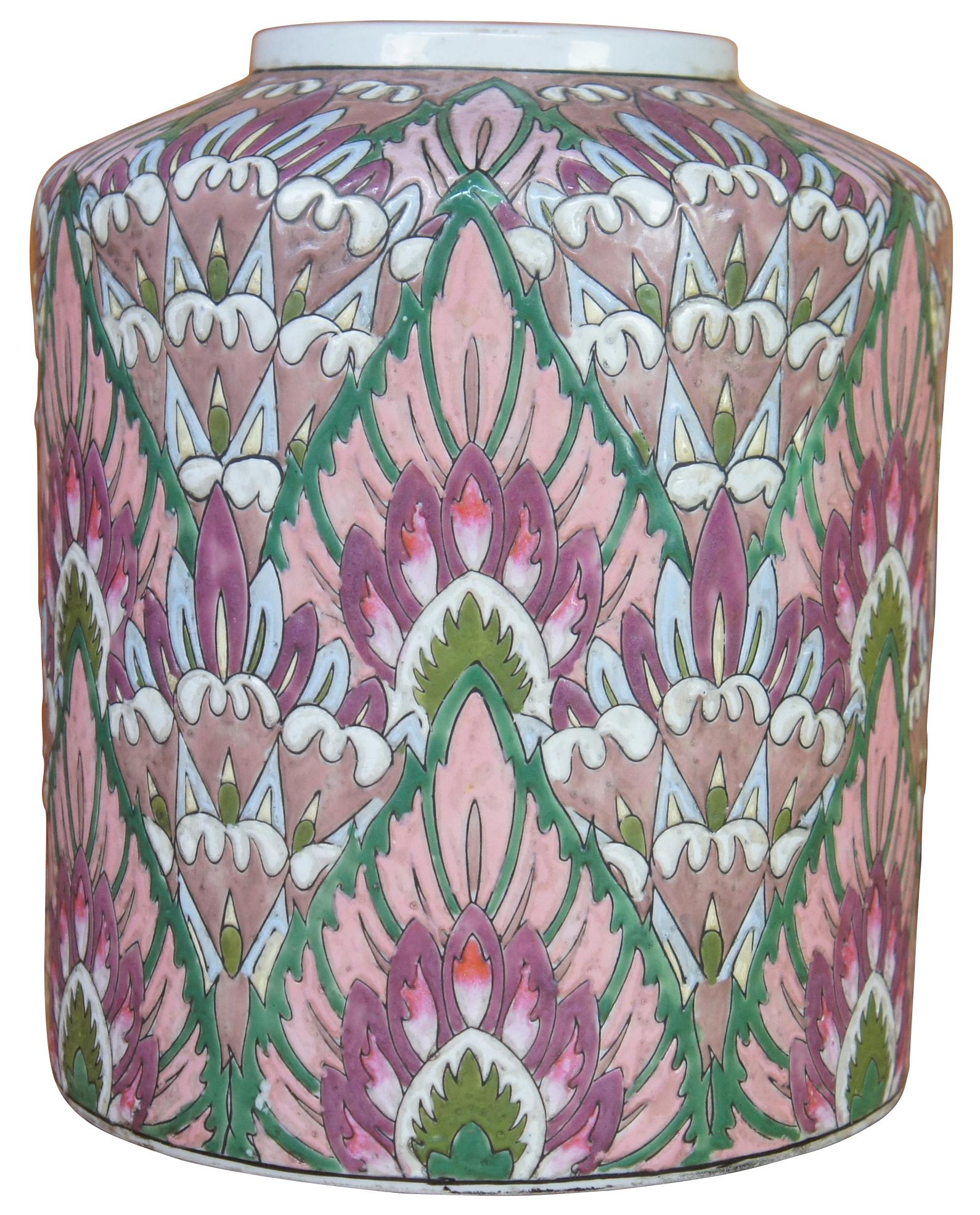 Chinoiserie Chinese Cloisonné Enameled Lotus Flower Cermaic Urn Flower Vase Jardinière