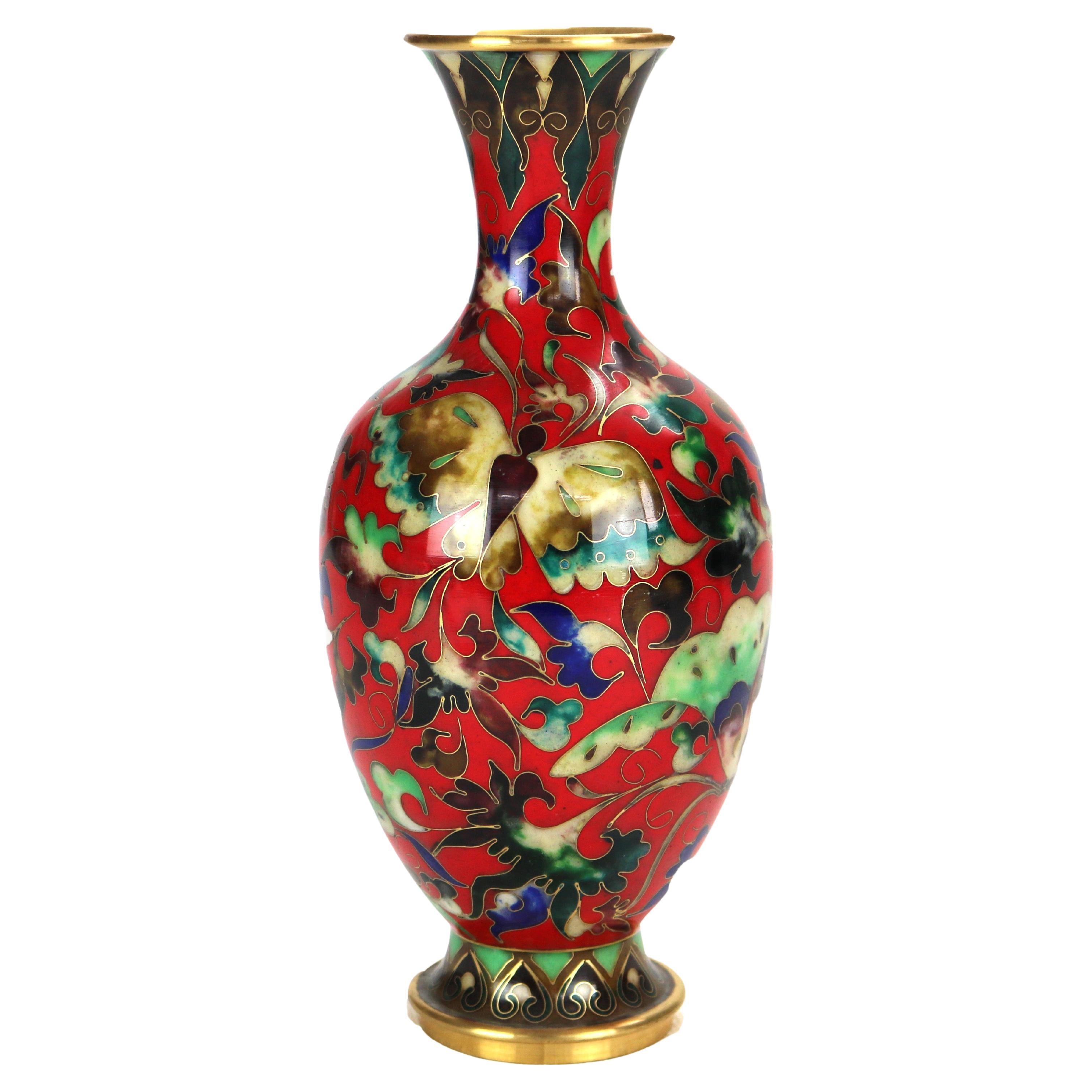 Chinese Cloisonne Enameled Vase with Garden Scene & Butterfly, Signed, 20thC