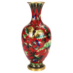 Chinese Cloisonne Enameled Vase with Garden Scene & Butterfly, Signed, 20thC