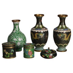 Vases chinois émaillés cloisonnés - Trois vases et trois boîtes C1920