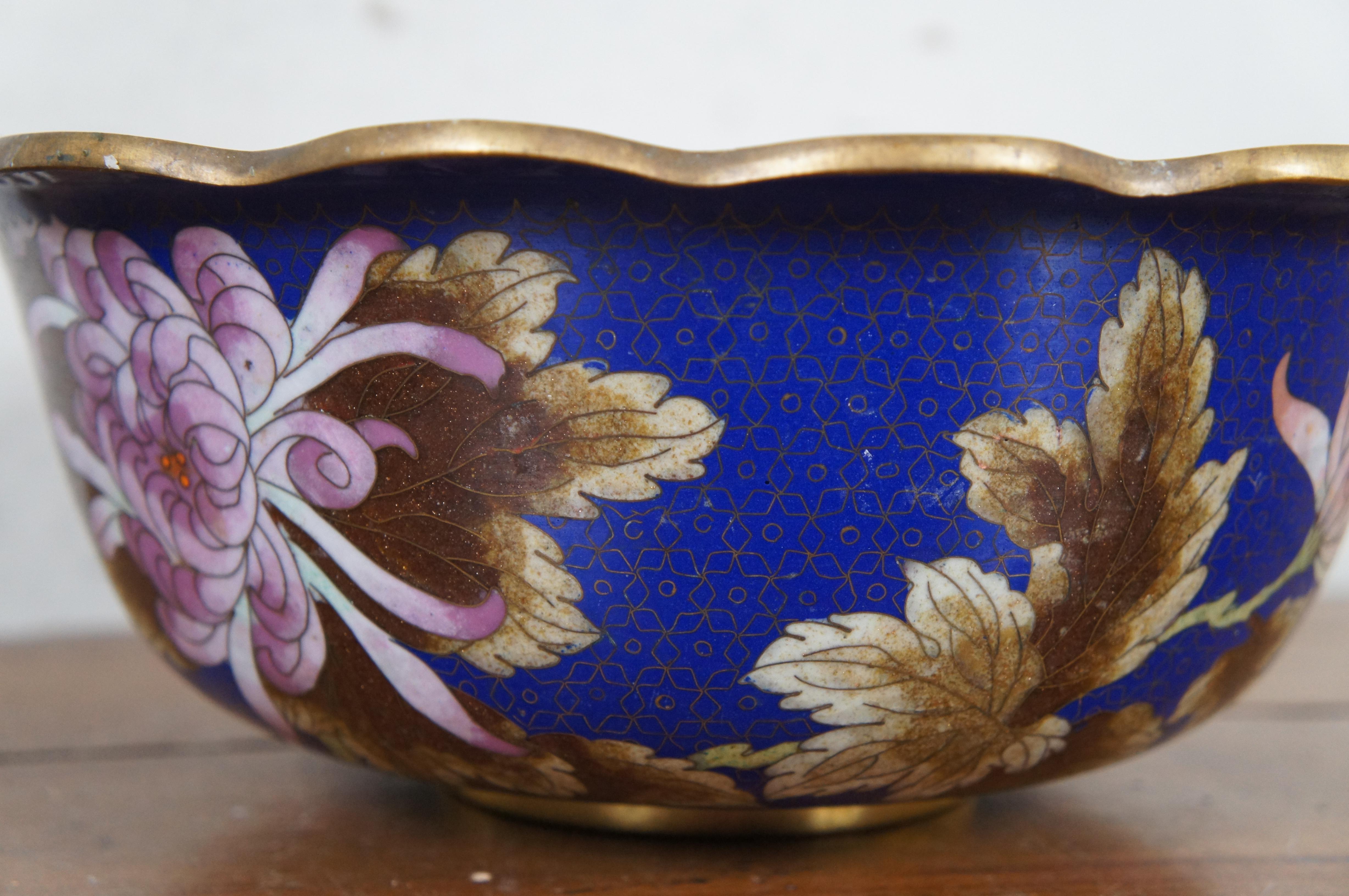 Chinese Cloisonne Floral Chrysanthemum Butterfly Scalloped Centerpiece Bowl 10