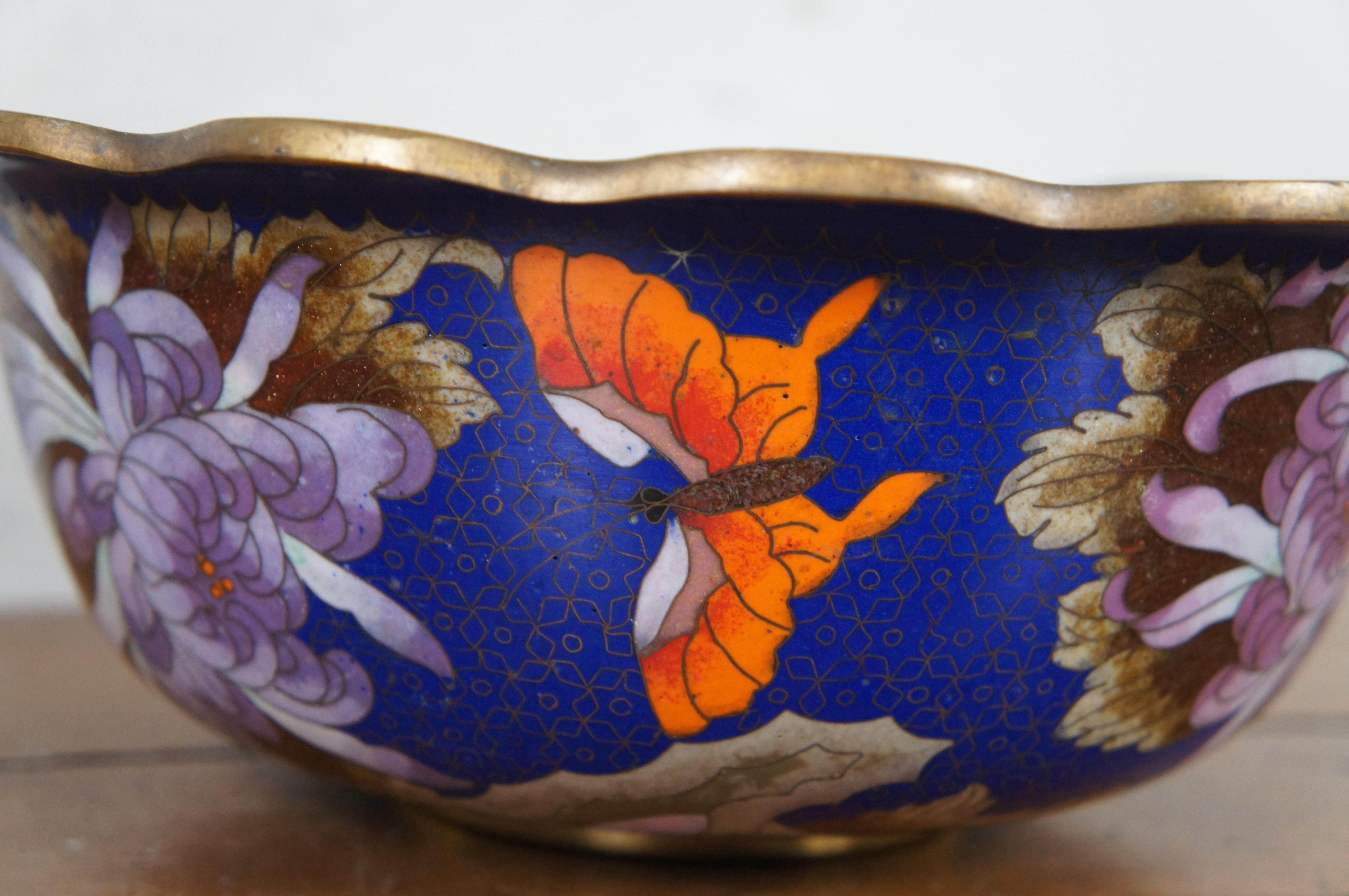 Chinese Cloisonne Floral Chrysanthemum Butterfly Scalloped Centerpiece Bowl 10