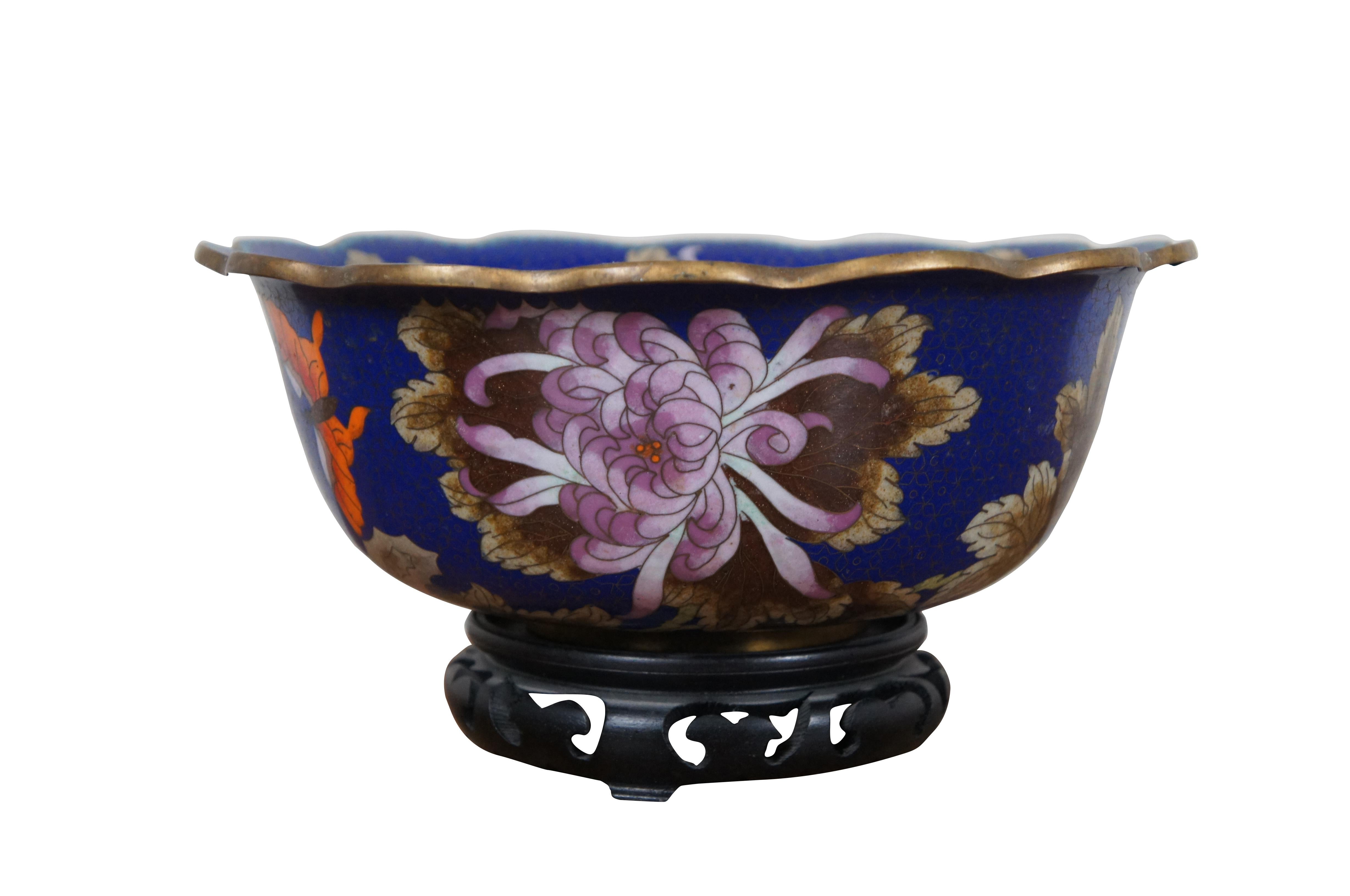 Chinoiserie Chinese Cloisonne Floral Chrysanthemum Butterfly Scalloped Centerpiece Bowl 10