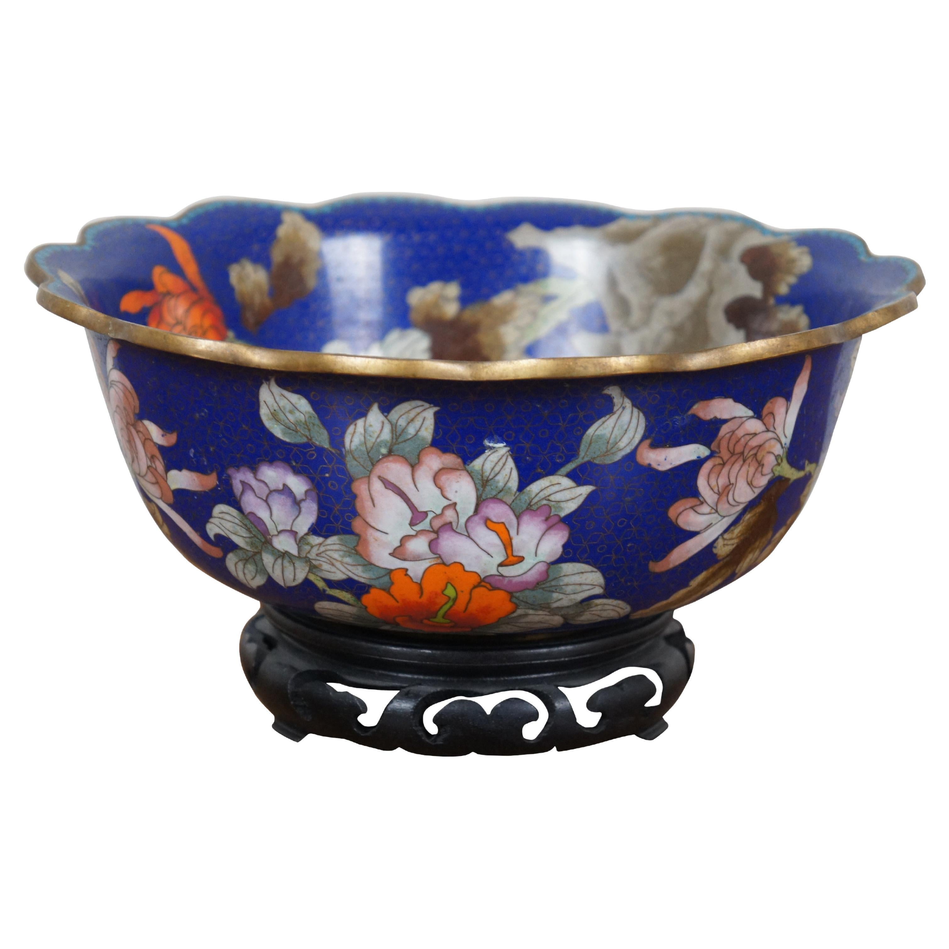 Chinese Cloisonne Floral Chrysanthemum Butterfly Scalloped Centerpiece Bowl 10" For Sale