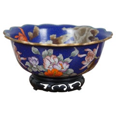 Retro Chinese Cloisonne Floral Chrysanthemum Butterfly Scalloped Centerpiece Bowl 10"
