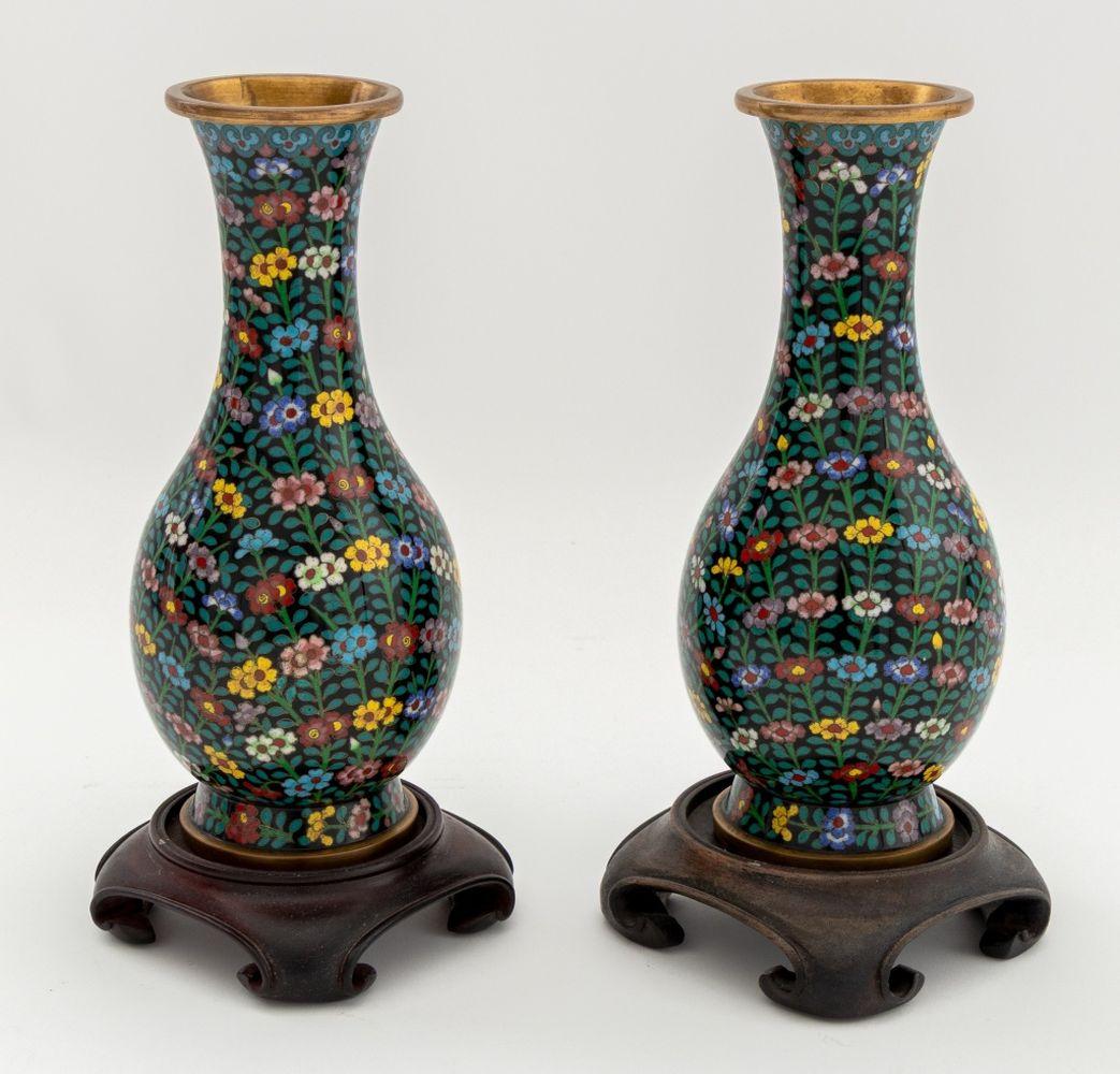 20th Century Chinese Cloisonne Floral Design Vases, Pair For Sale
