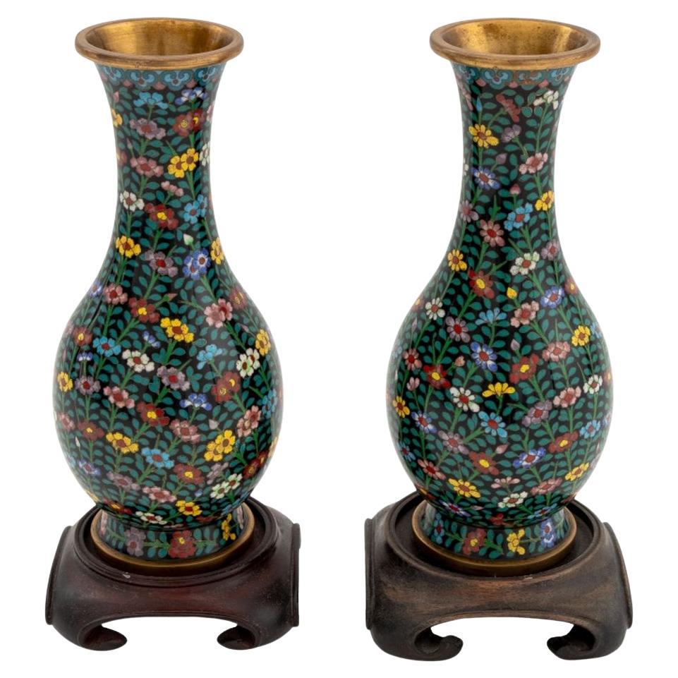 Chinese Cloisonne Floral Design Vases, Pair For Sale