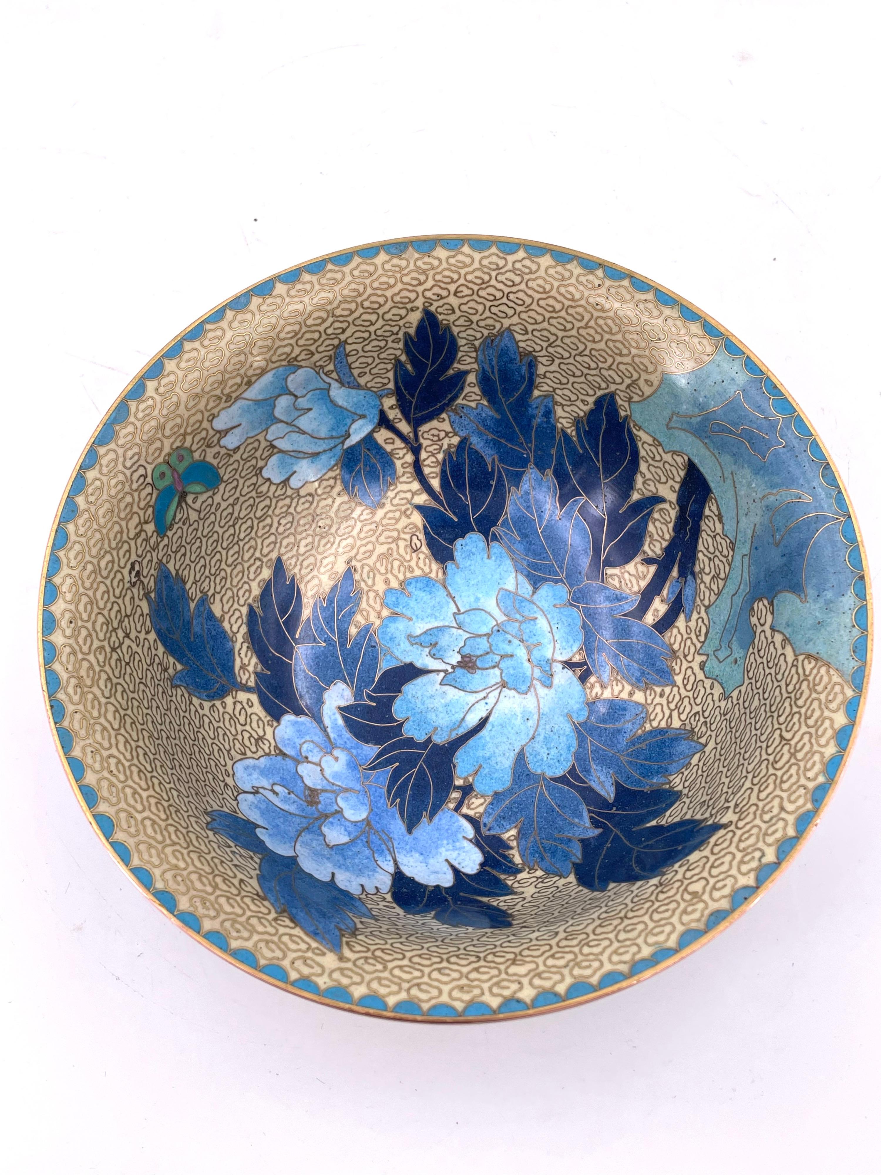 Chinoiserie Chinese Cloisonné Footed Bowl with Floral Butterfly Pattern