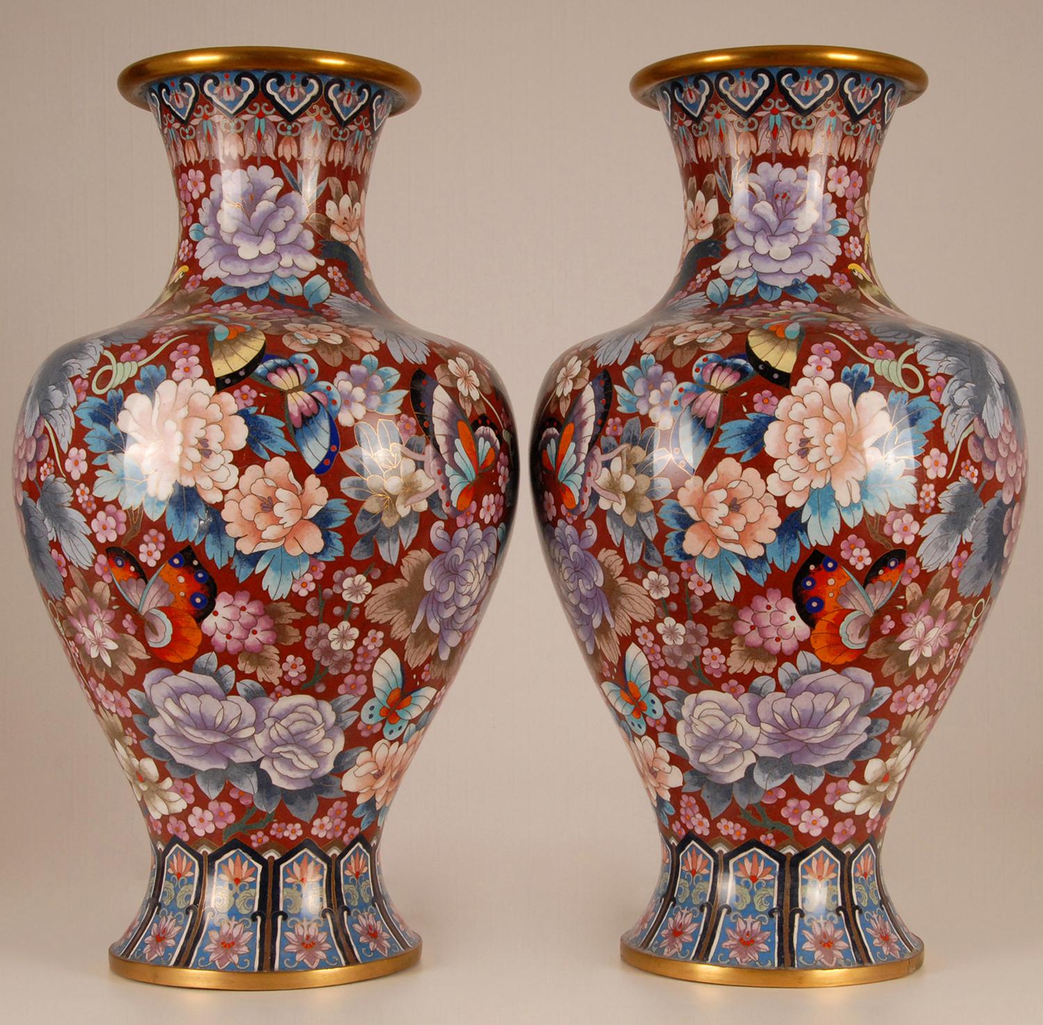Chinese Cloisonne Gilded Bronze Baluster Vases Enameled Republic Vases a Pair 5