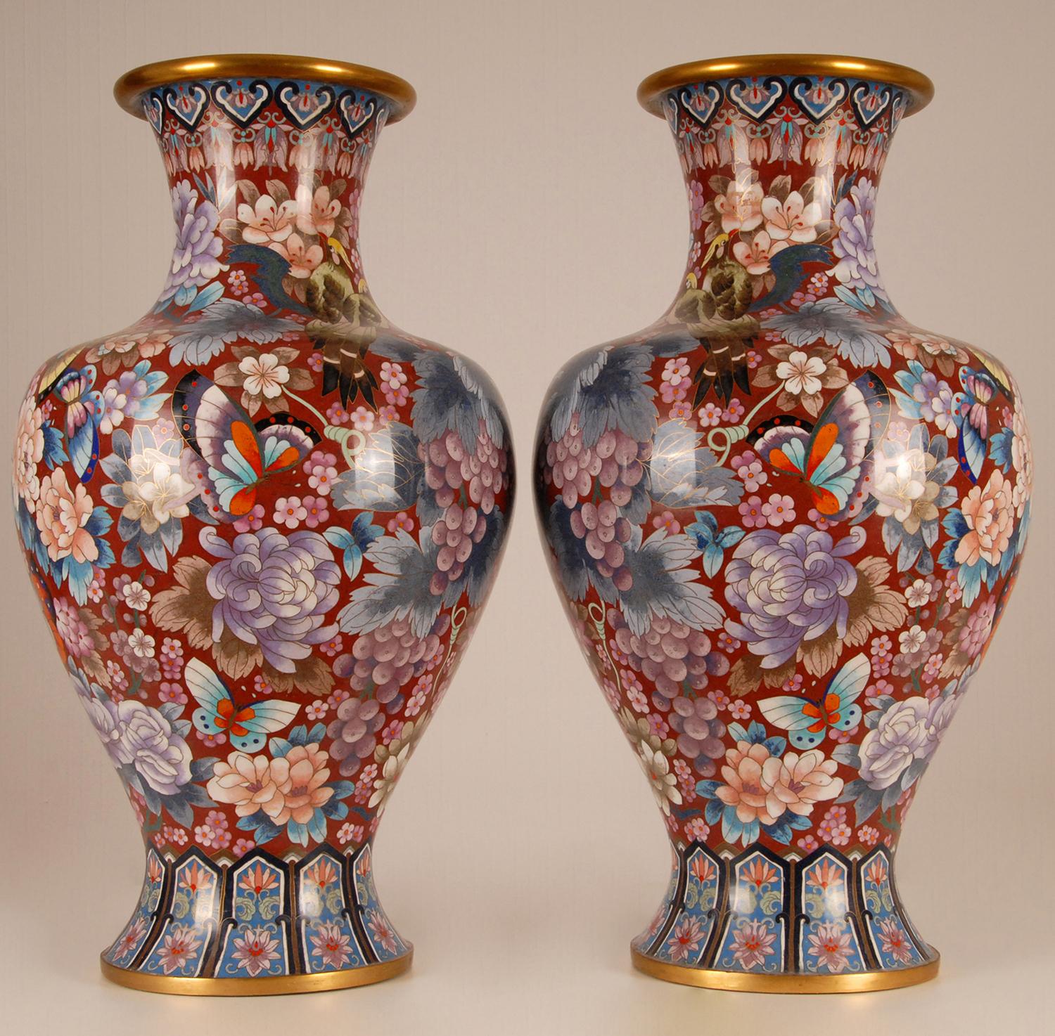 Cloissoné Chinese Cloisonne Gilded Bronze Baluster Vases Enameled Republic Vases a Pair