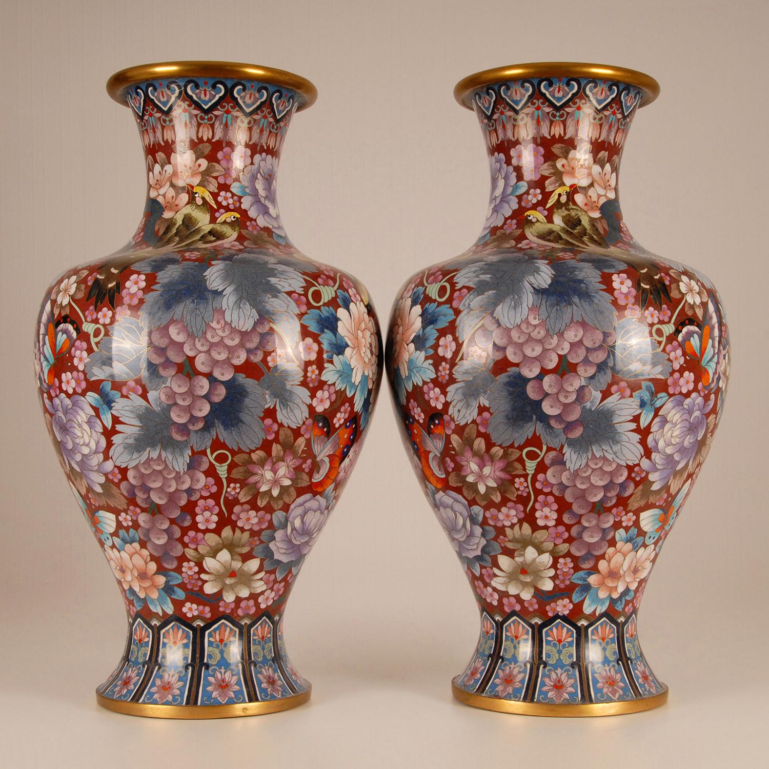 Chinese Cloisonne Gilded Bronze Baluster Vases Enameled Republic Vases a Pair In Good Condition In Wommelgem, VAN