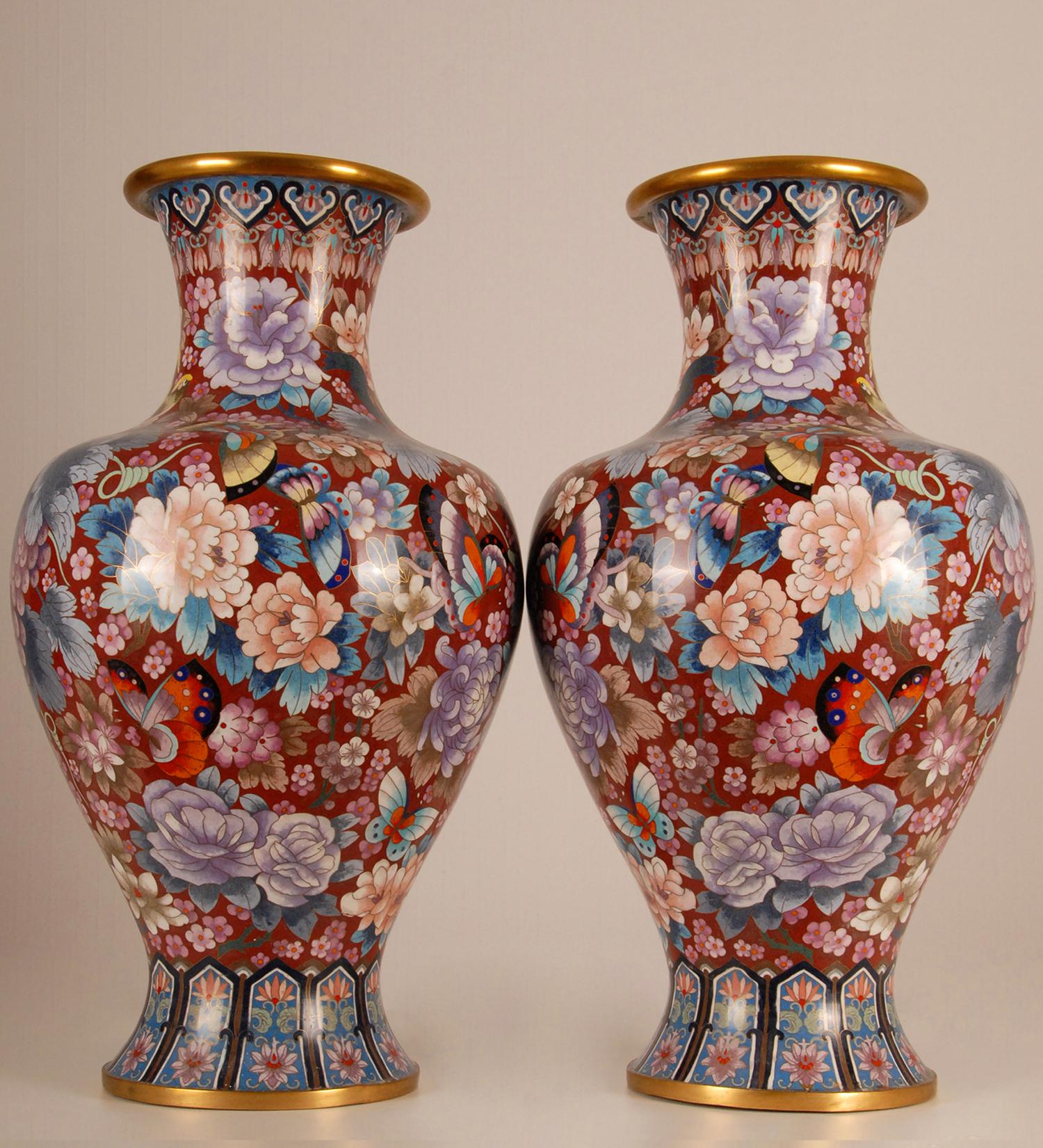20th Century Chinese Cloisonne Gilded Bronze Baluster Vases Enameled Republic Vases a Pair