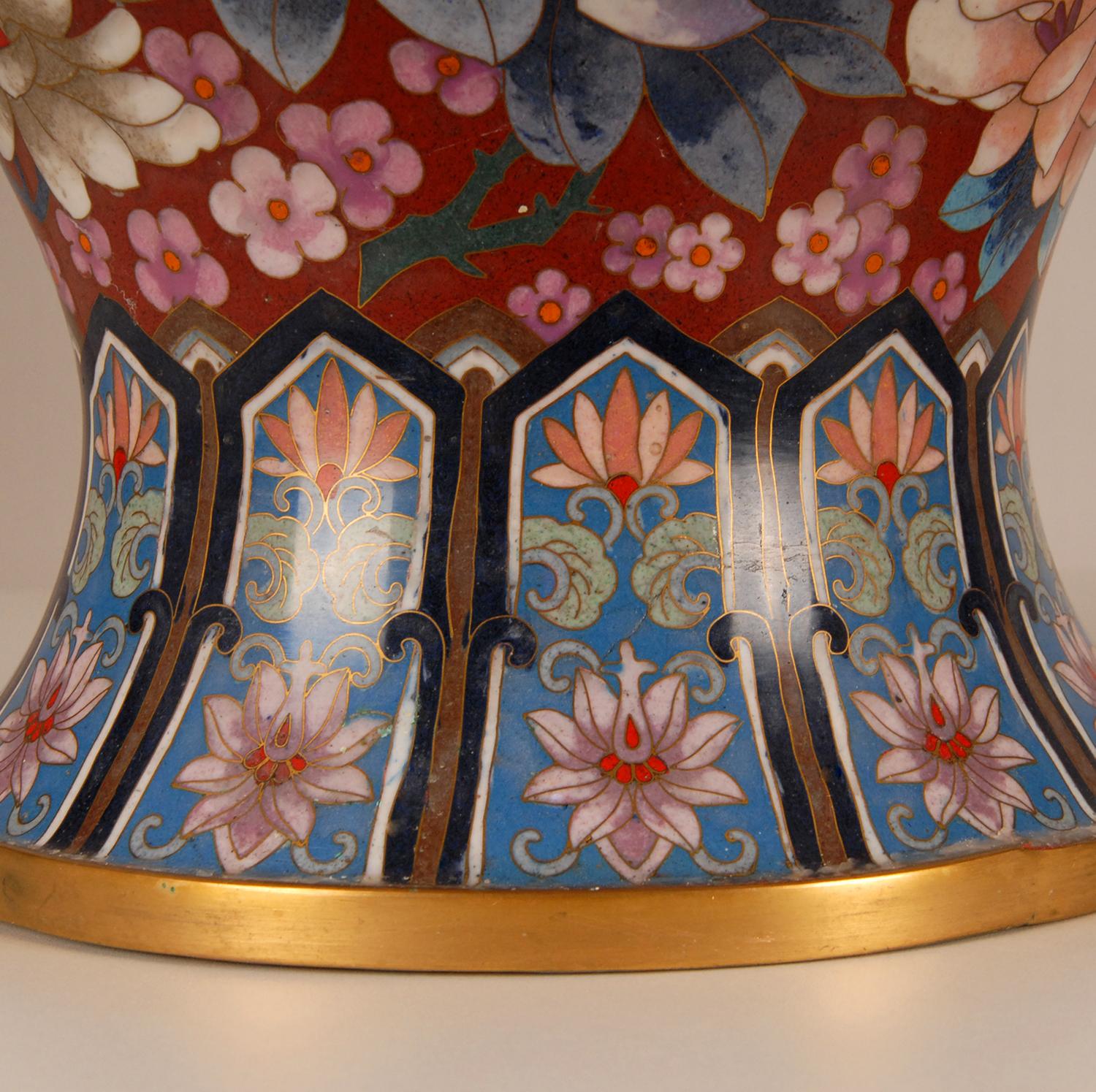 Chinese Cloisonne Gilded Bronze Baluster Vases Enameled Republic Vases a Pair 1