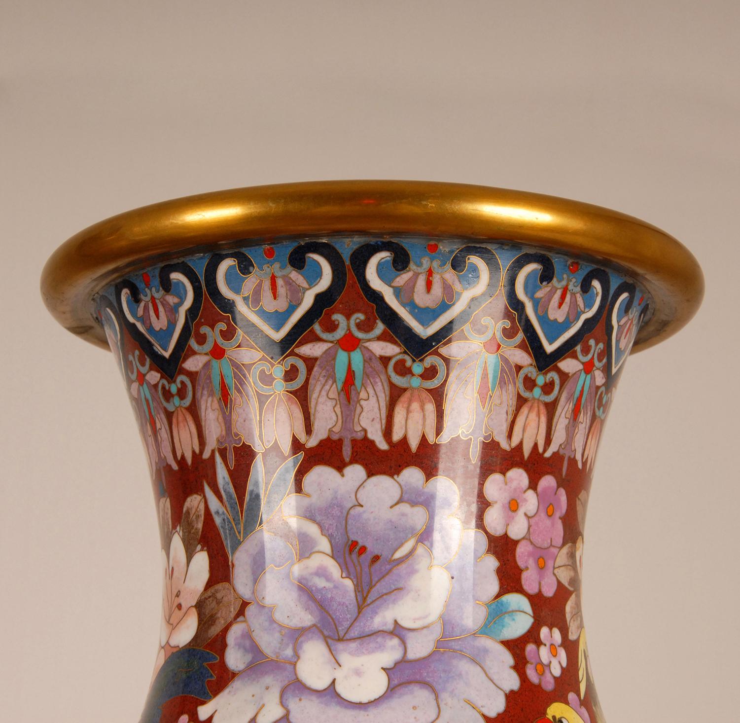 Chinese Cloisonne Gilded Bronze Baluster Vases Enameled Republic Vases a Pair 3