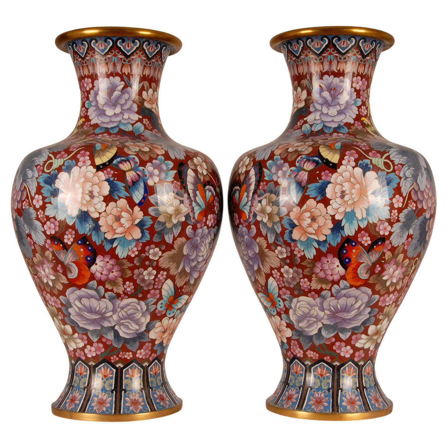 Chinese Cloisonne Gilded Bronze Baluster Vases Enameled Republic Vases a Pair For Sale