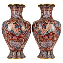 Vintage Chinese Cloisonne Gilded Bronze Baluster Vases Enameled Republic Vases a Pair