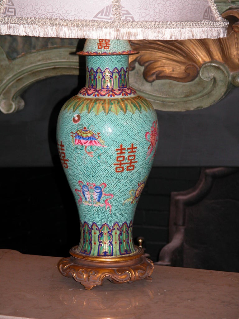 Chinese Cloisonne' Lamp Base with Custom Silk Shade, Mid19th Century