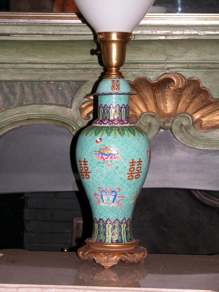 Chinese Cloisonne' Lamp Base with Custom Silk Shade, Mid19th Century