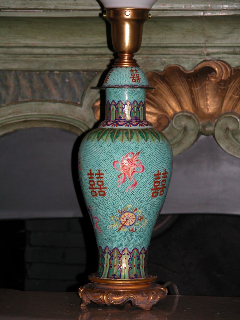 Chinese Cloisonne' Lamp Base with Custom Silk Shade, Mid19th Century