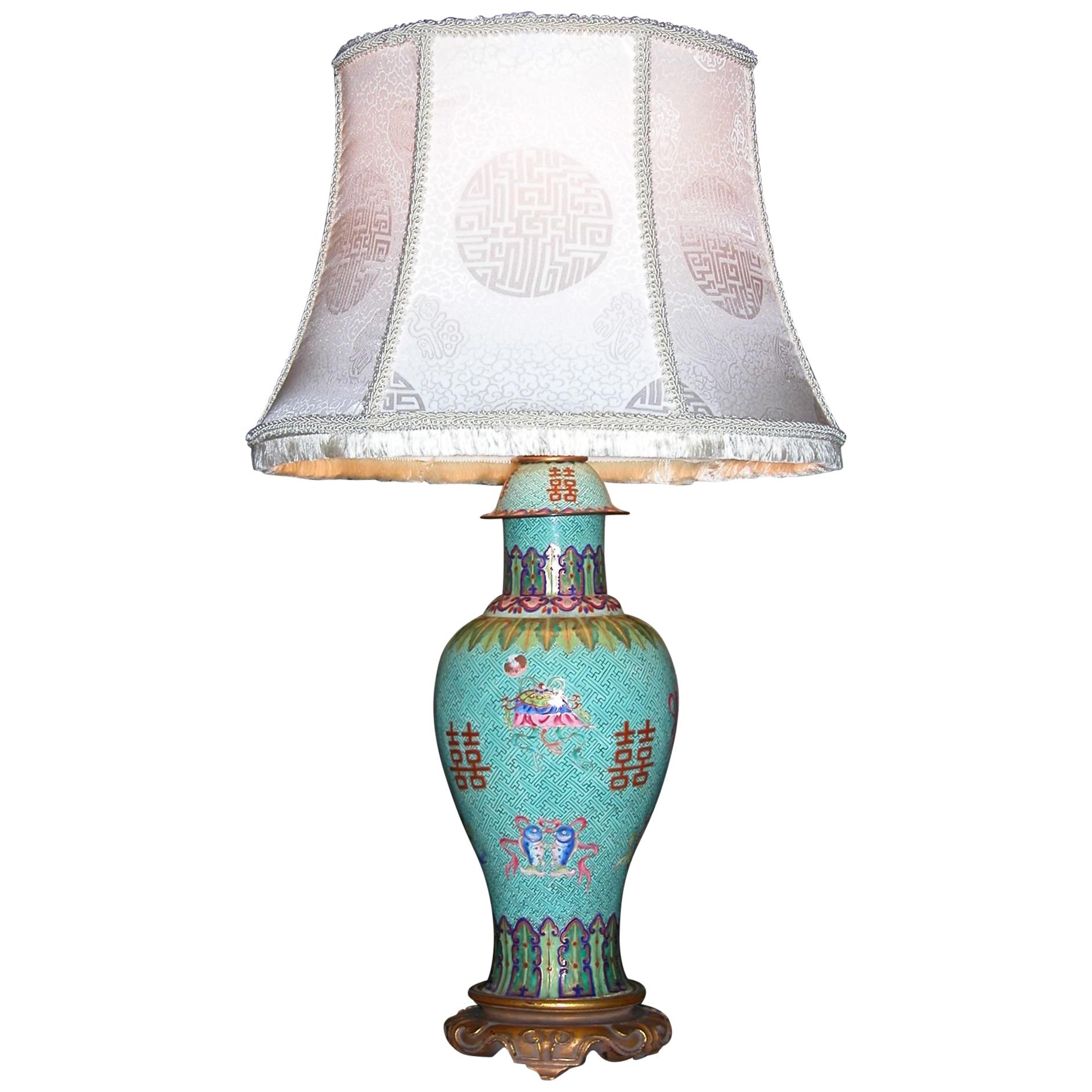 Chinese Cloisonne' Lamp Base with Custom Silk Shade, Mid19th Century