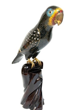 Chinese Cloisonné Parrot on Carved Hardwood Tree Trunk Base Chinese, Circa 1960