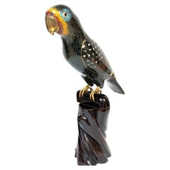 Chinese Cloisonné Parrot on Carved Hardwood Tree Trunk Base Chinese, Circa 1960