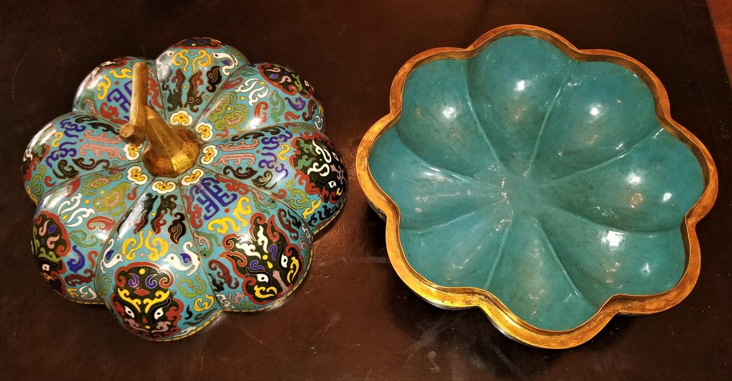 Brass Chinese Cloisonne Pumpkin Lidded Box