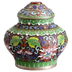Antique Chinese Cloisonne Silver Plated Lidded Cloisonne Pot