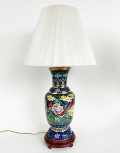Lampade da tavolo cinesi Cloisonné Uccelli Fiori, Paralumi nuovi, coppia