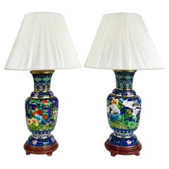 Lampade da tavolo cinesi Cloisonné Uccelli Fiori, Paralumi nuovi, coppia