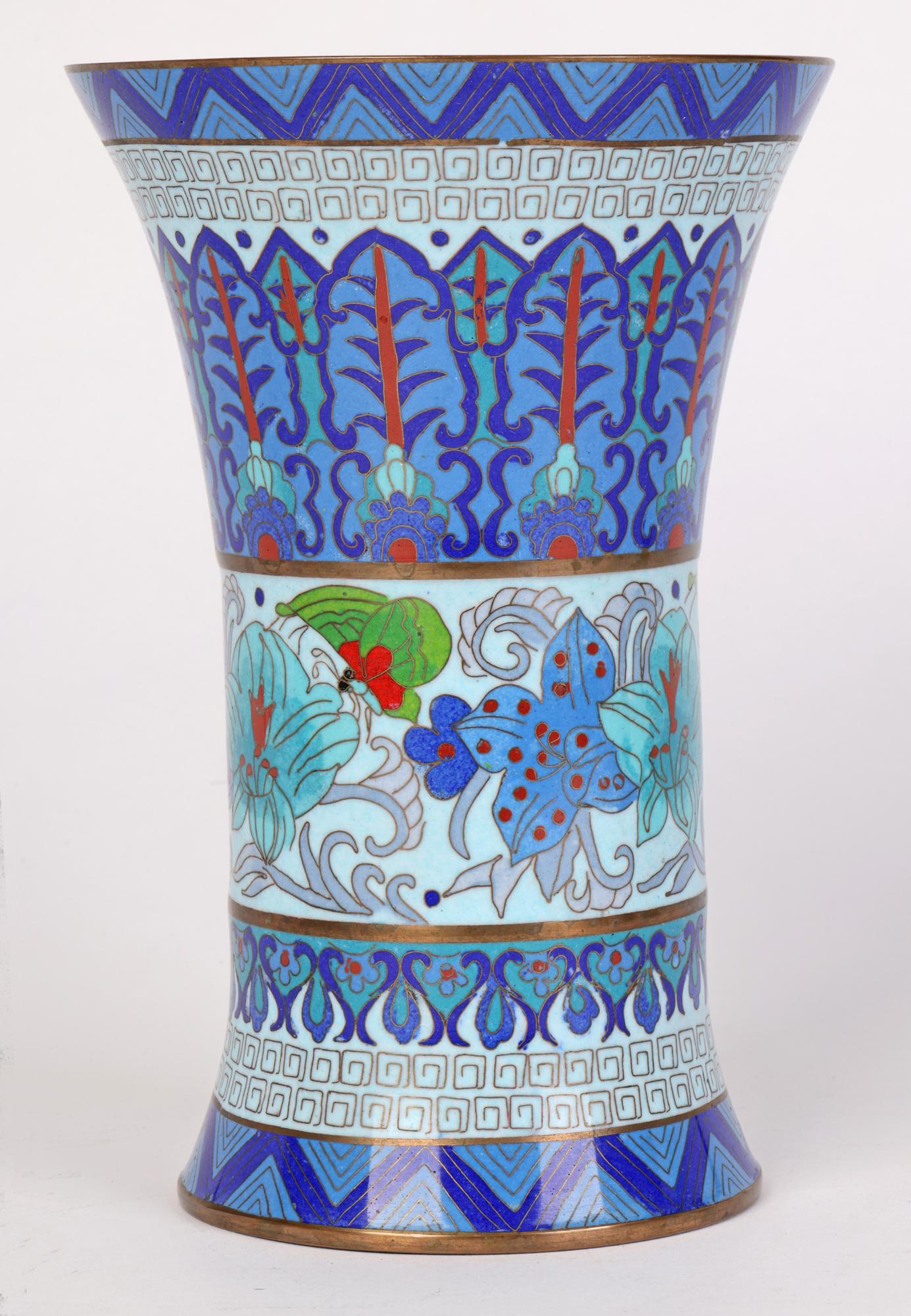 Chinese Cloisonne Trumpet Shape Waisted Blue Floral Design Vase 3