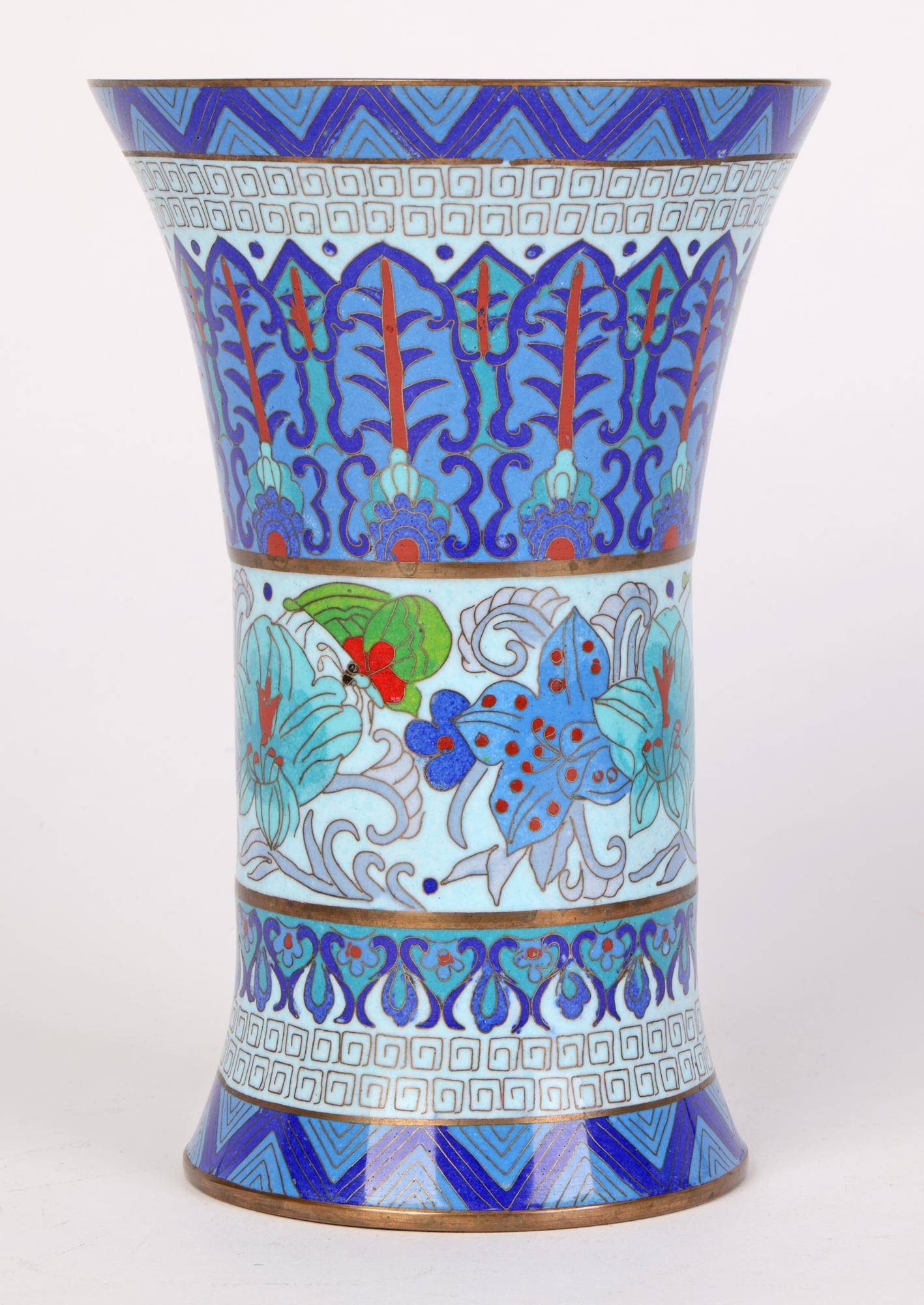 Chinese Cloisonne Trumpet Shape Waisted Blue Floral Design Vase 5
