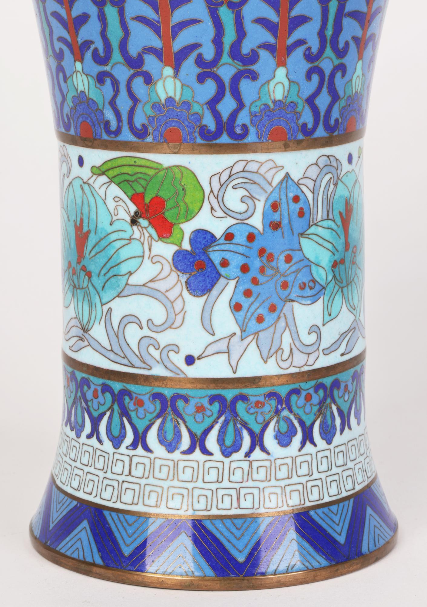 Chinese Cloisonne Trumpet Shape Waisted Blue Floral Design Vase 7