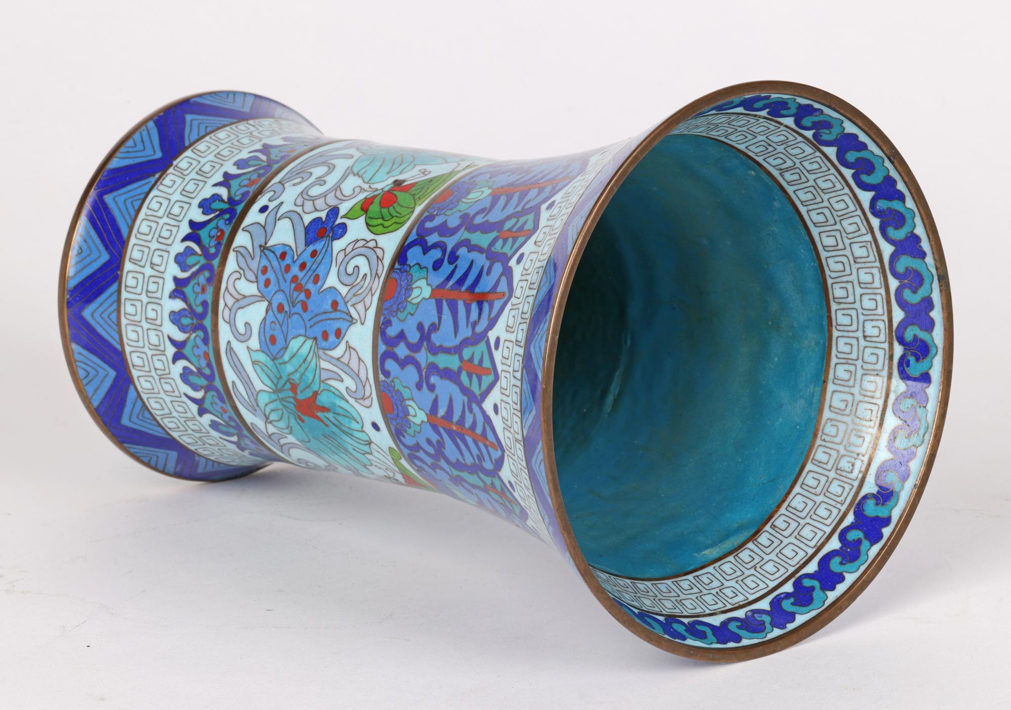 Cloissoné Chinese Cloisonne Trumpet Shape Waisted Blue Floral Design Vase