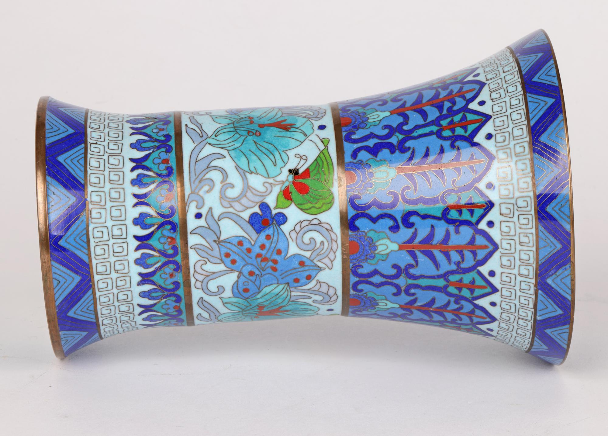 Chinese Cloisonne Trumpet Shape Waisted Blue Floral Design Vase In Good Condition In Bishop's Stortford, Hertfordshire