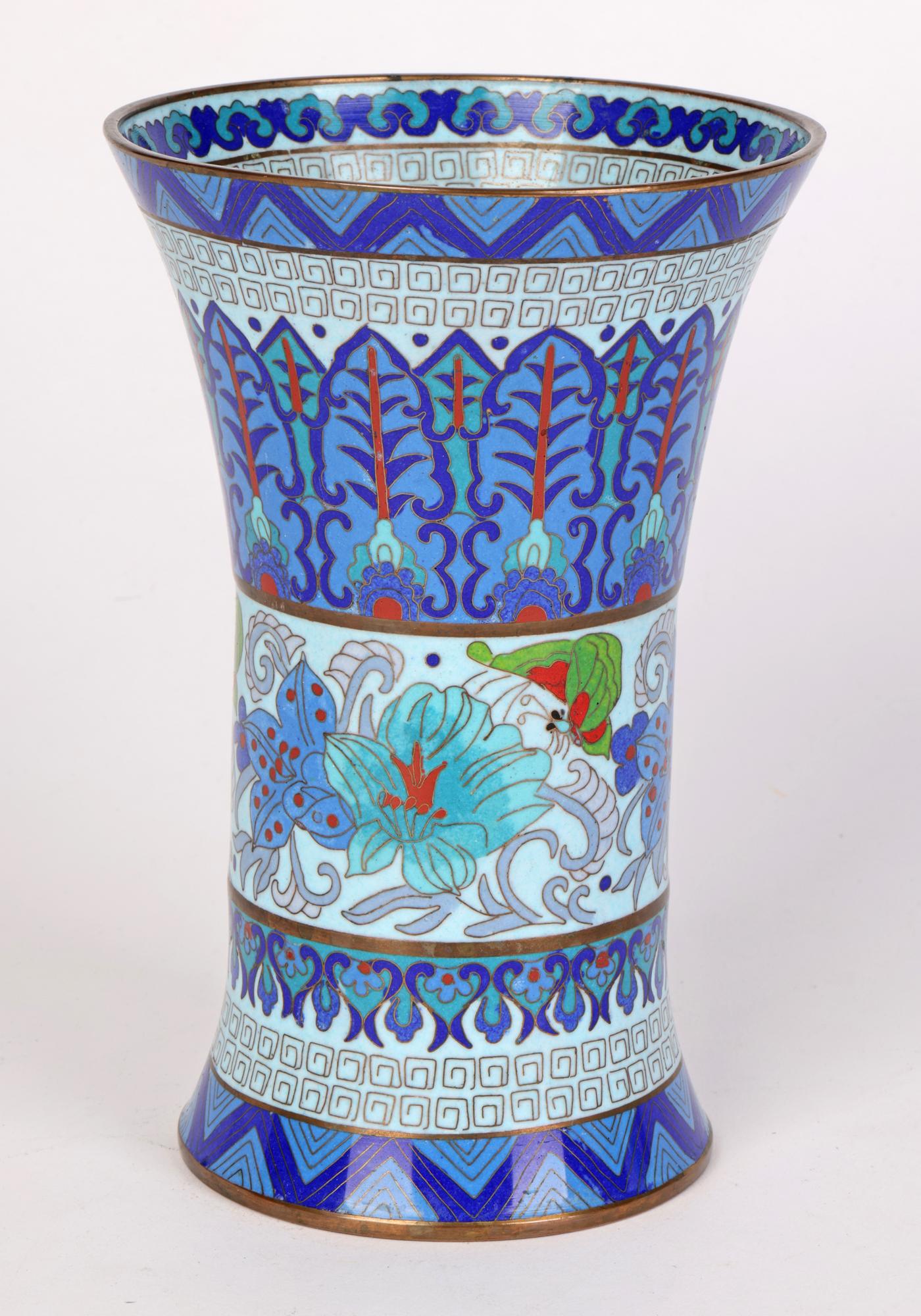 20th Century Chinese Cloisonne Trumpet Shape Waisted Blue Floral Design Vase