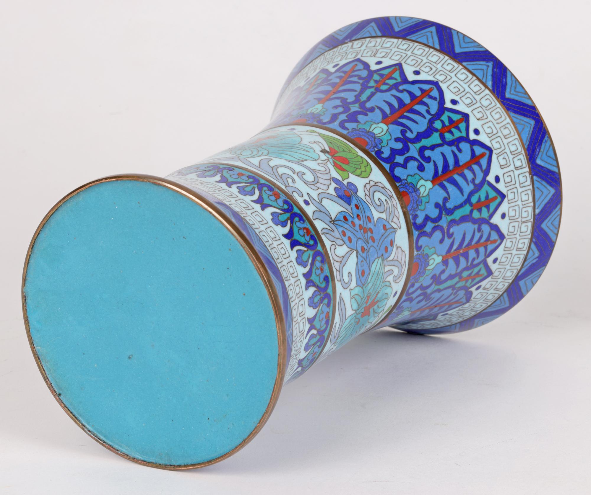 Chinese Cloisonne Trumpet Shape Waisted Blue Floral Design Vase 2
