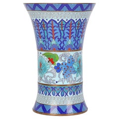 Chinese Cloisonné Trumpet Shape Waisted Blue Floral Design Vase